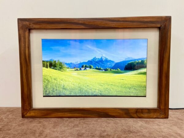 Elegant wooden digital photo frame syncing with cloud storage