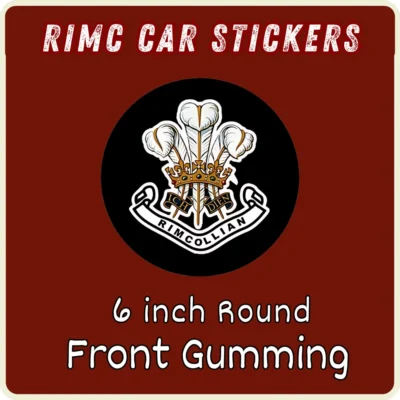 RIMC car sticker, 6-inch round design, featuring front gumming, made with superior materials, sun-proof and fade-proof, ideal for alumni and cadets of Rashtriya Indian Military College.